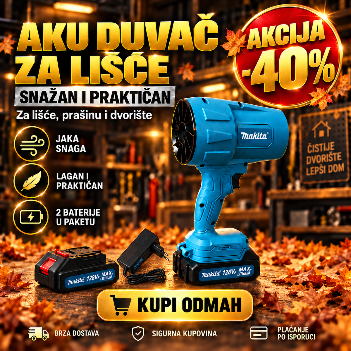 AKU DUVAČ ZA LIŠĆE SA 2 BATERIJE 128v – BRZO I LAKO OČISTITE DVORIŠTE