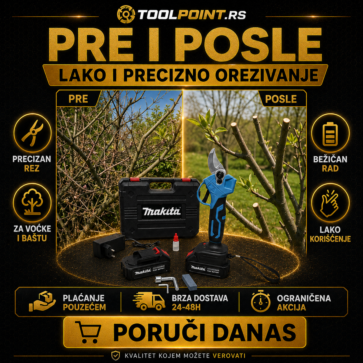 AKU MAKAZE ZA OREZIVANJE GRANA SA DVE BATERIJE