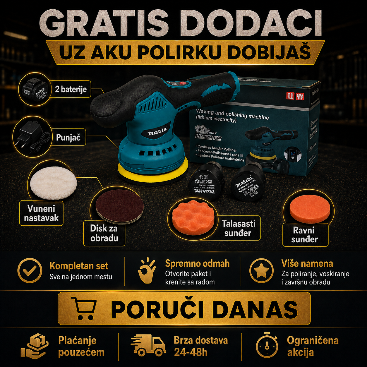 MAKITA AKU POLIRKA SA DVE BATERIJE I NASTAVCIMA