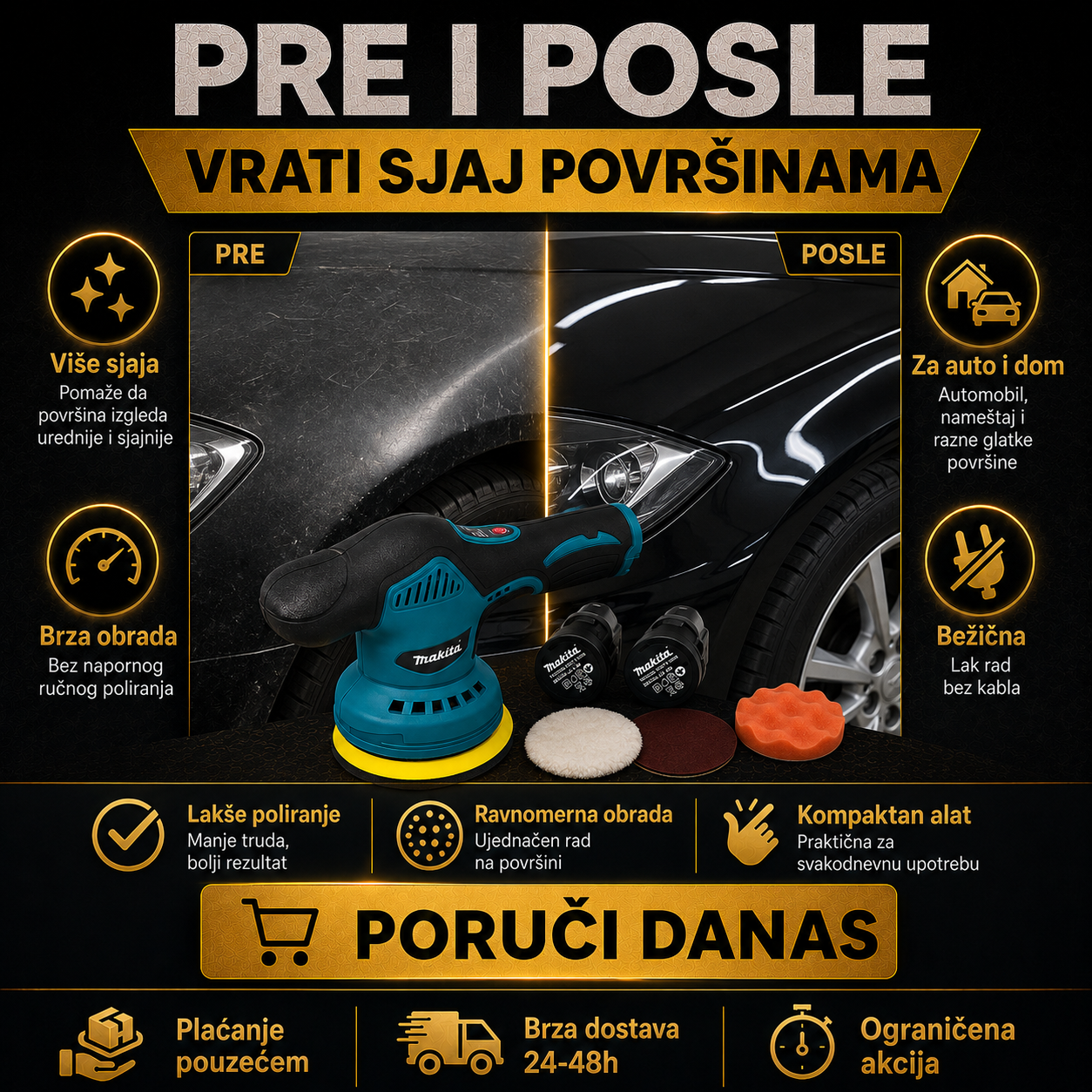 MAKITA AKU POLIRKA SA DVE BATERIJE I NASTAVCIMA
