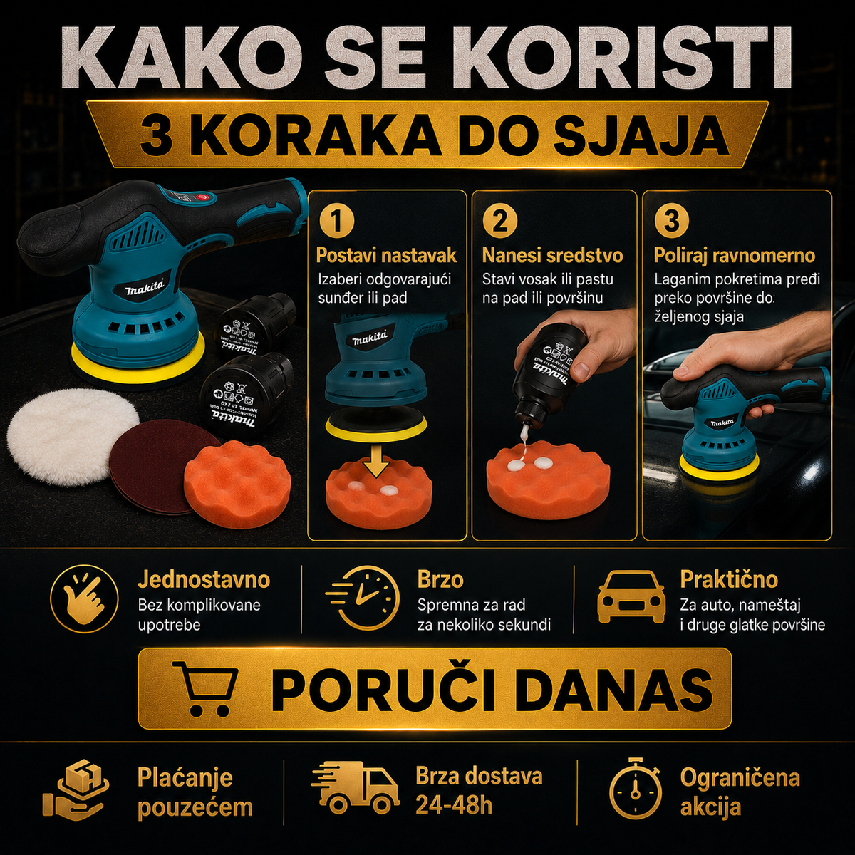 MAKITA AKU POLIRKA SA DVE BATERIJE I NASTAVCIMA