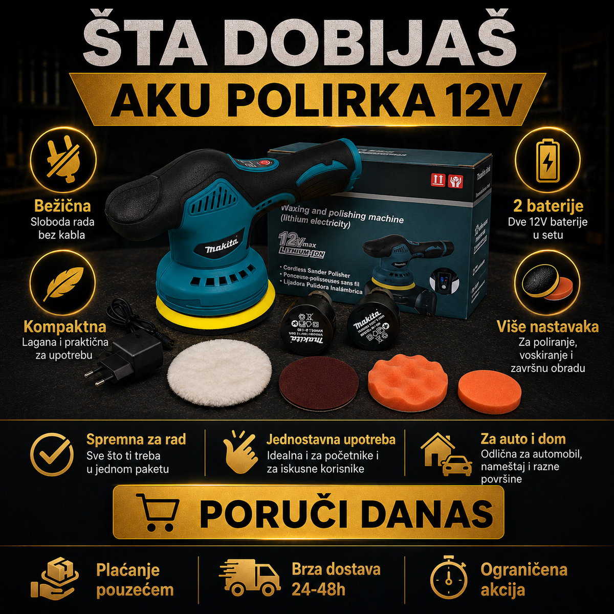 MAKITA AKU POLIRKA SA DVE BATERIJE I NASTAVCIMA
