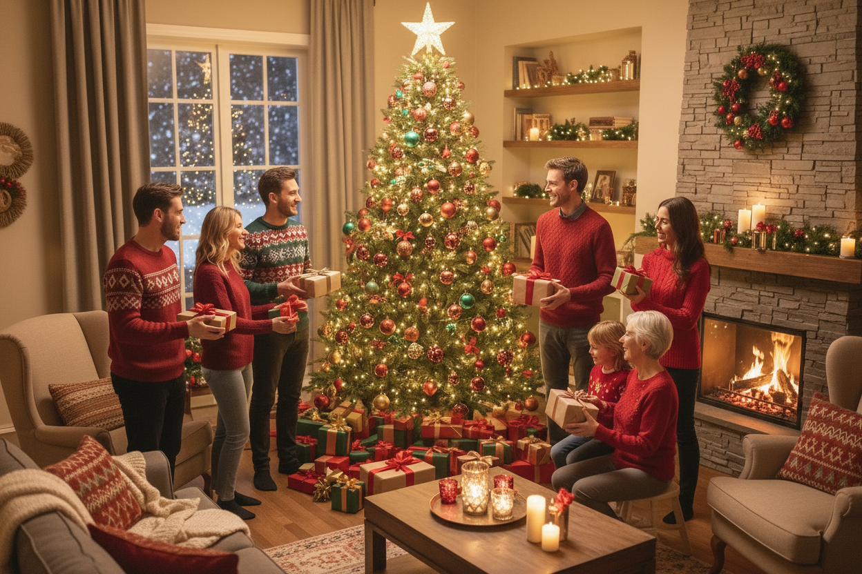I want a banner with people gathered around a Christmas tree and giving gifts to each other. The atmosphere is warm and festive.