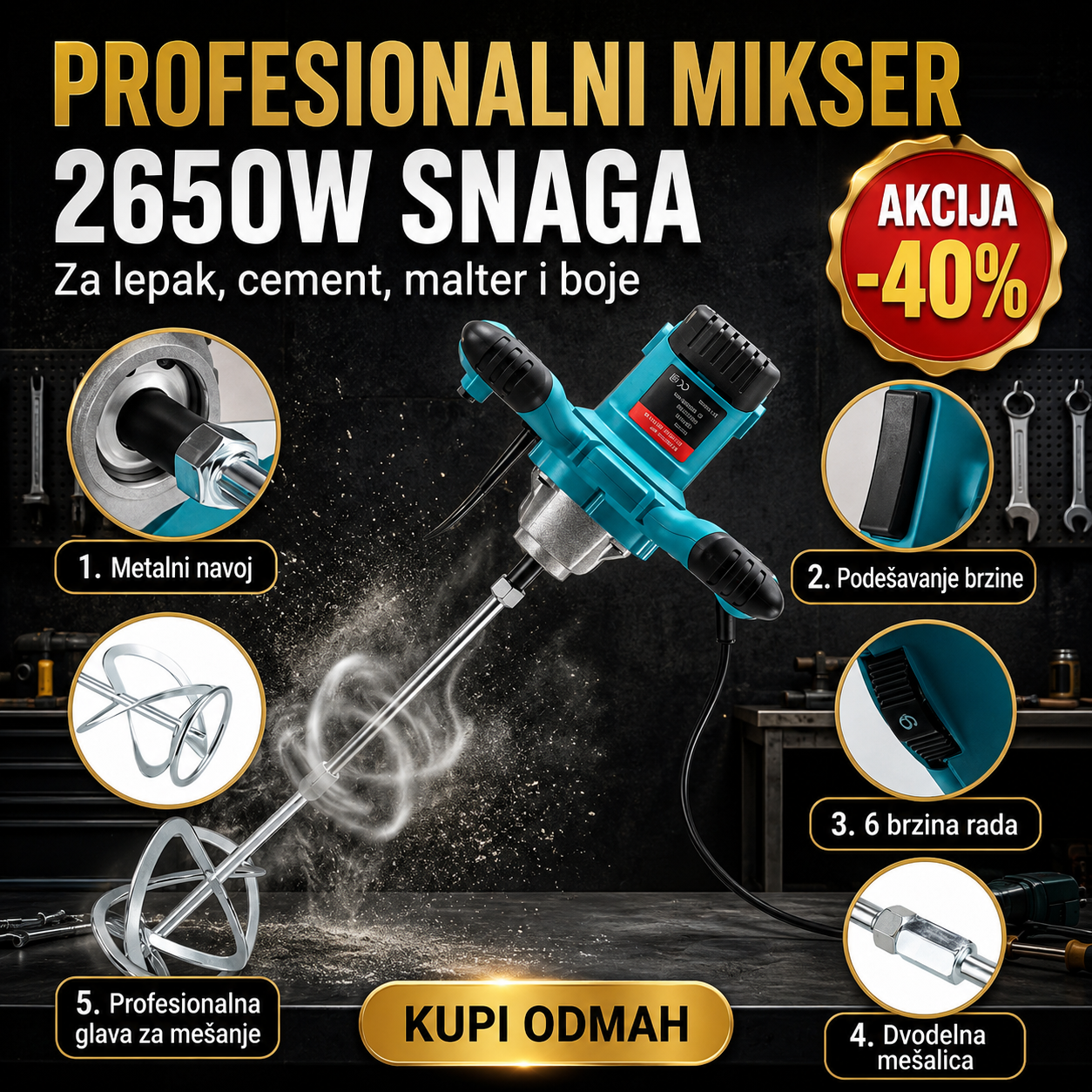 PROFESIONALNI MIKSER MAKTA 2650W — SNAGA ZA SVAKI GRAĐEVINSKI POSAO